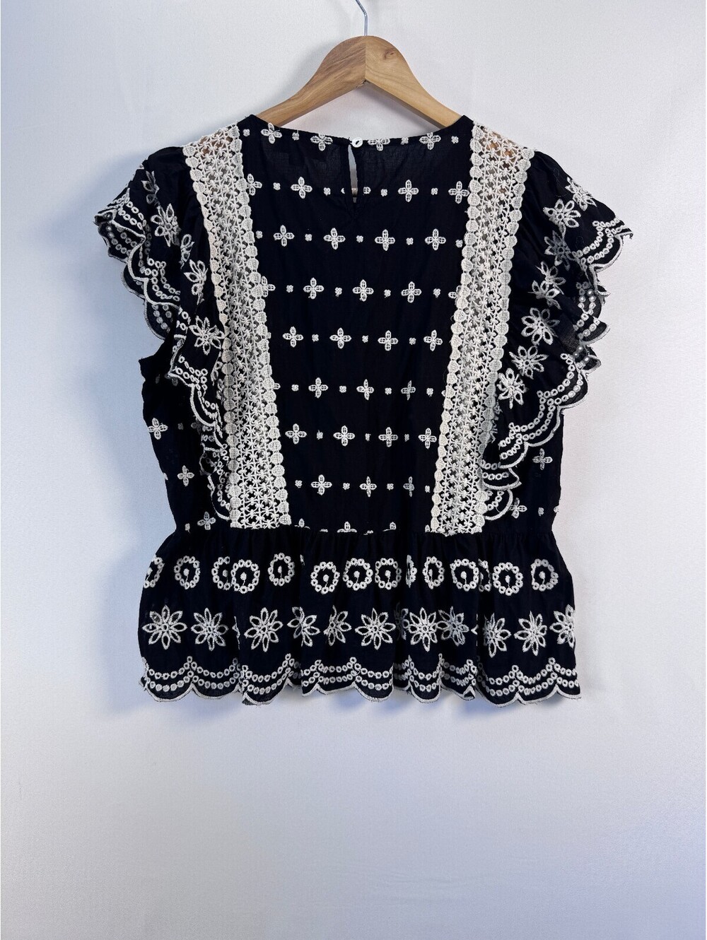Boho Eyelet Embroidered Cotton Blouse Crochet Lace Flutter Sleeve Black S - Picture 3 of 7